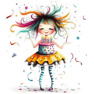 Quirky Birthday Cake Clip Art, 15 High-Resolution Watercolor PNGs, Junk Journaling, Fantasy Whimsical Designs, Scrapbooking, Card Making