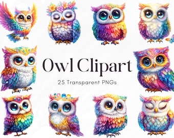 Paquete de 25 imágenes prediseñadas de búhos adorables, búhos florales en acuarela PNG, imágenes prediseñadas de búho bebé, ilustraciones de búhos bohemios, imágenes prediseñadas de sublimación de búhos brillantes