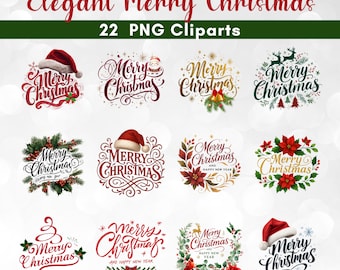 Elegant Merry Christmas Clipart Bundle | 22 PNG Christmas Lettering | Holiday Sublimation Design | Festive Xmas Stickers | Santa Hat Art PNG
