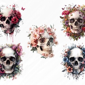 May include: Five white skulls with different floral arrangements around them. The flowers are in shades of pink, blue, and purple.