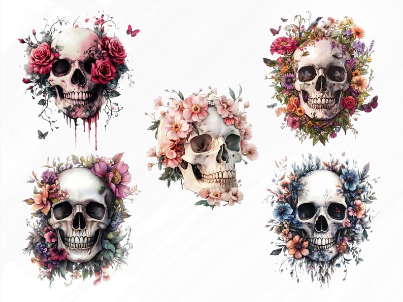 May include: Five white skulls with different floral arrangements around them. The flowers are in shades of pink, blue, and purple.