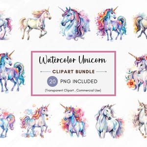20 Cartoon Unicorn Clipart PNG, Fantasy Unicorn, Watercolor clipart, High Quality PNGs, Unicorn Print, Commercial Use, Instant Download