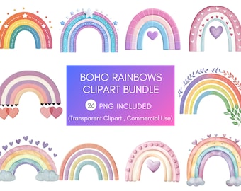 Boho Rainbow Clipart PNG Bundle, Cute Rainbow PNG, Boho Rainbow Clipart, Nursery Clipart, Pastel Boho Elements, Instant Download