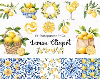 Bundle de cliparts citron, 56 PNG transparents, Illustrations aquarelles d'agrumes, décoration citron d'été, téléchargement numérique