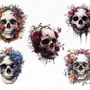 May include: Five white skulls with different floral arrangements around them. The flowers are in shades of pink, purple, blue, and red.