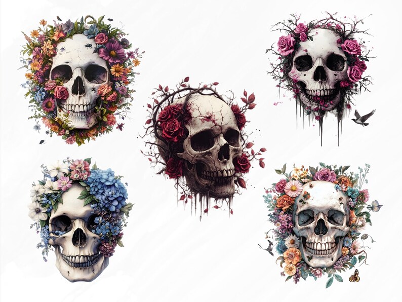 May include: Five white skulls with different floral arrangements around them. The flowers are in shades of pink, purple, blue, and red.