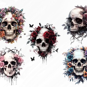 May include: Five white skulls with intricate floral arrangements around them. The flowers are in various colors, including red, pink, blue, and orange. The skulls have a gothic aesthetic.