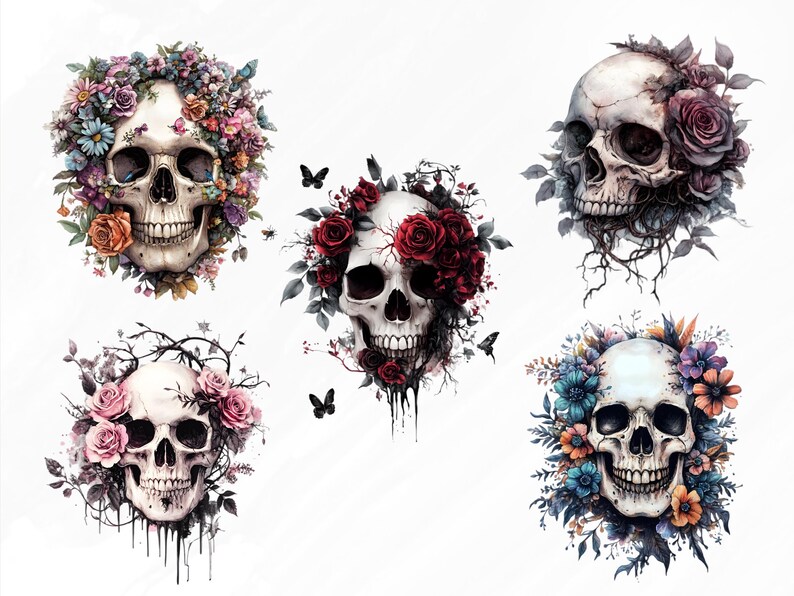 May include: Five white skulls with intricate floral arrangements around them. The flowers are in various colors, including red, pink, blue, and orange. The skulls have a gothic aesthetic.