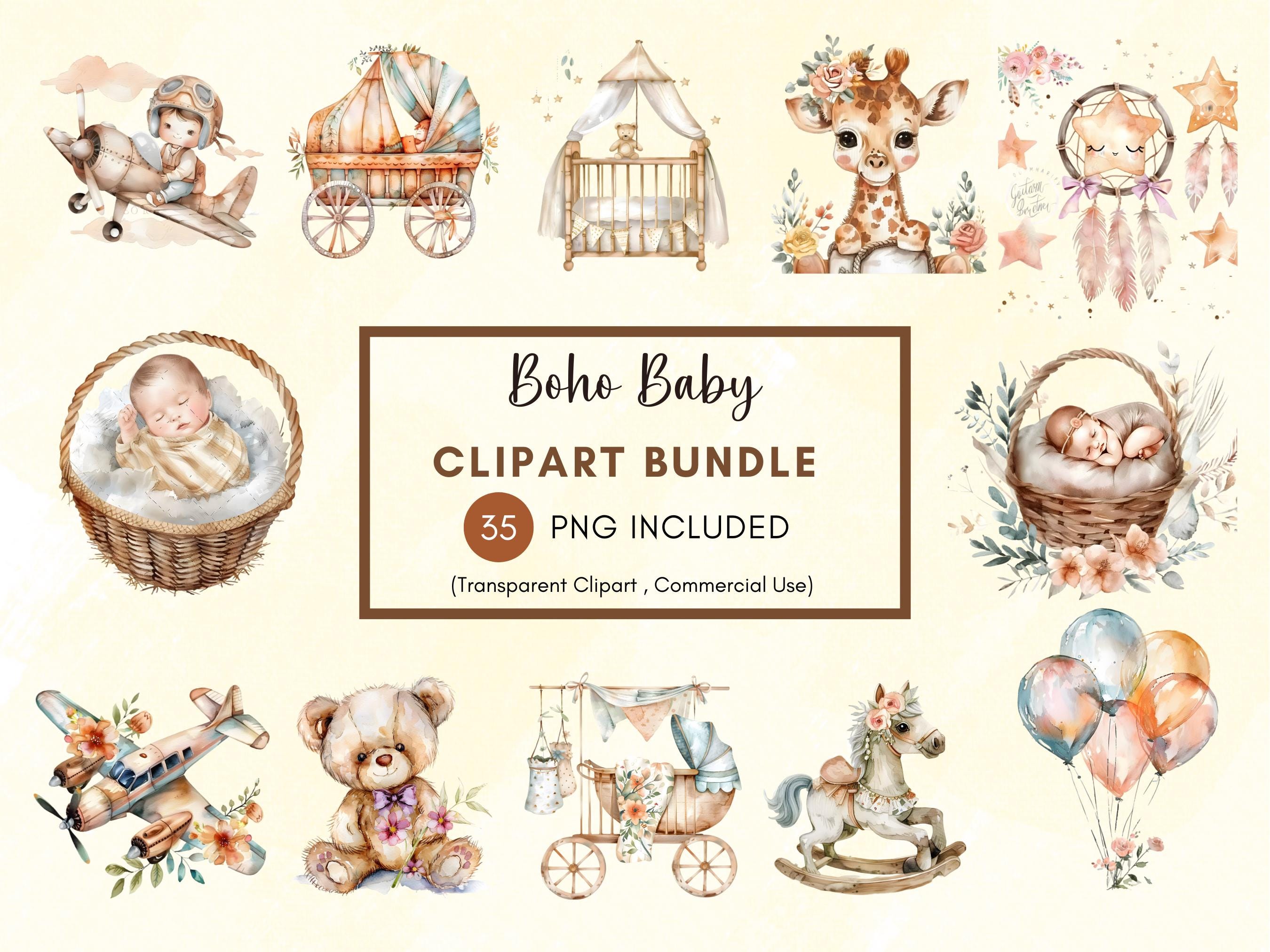 Boho Baby Shower Clipart Bundle, Watercolor Clipart, Nursery Decor PNG ...