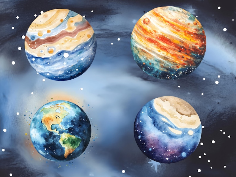 May include: Watercolor painting of four planets in space. The planets are painted in shades of blue, brown, orange, and yellow. The background is a dark blue with white stars.