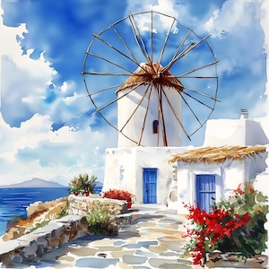 Mykonos Griekenland clipartbundel, 12 aquarel eiland png, witte huizen Santorini, blauwe deuren, boten, bloemen, kusttaferelen, digitale download