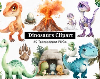 Cute Dinosaurs Clipart PNG | Baby Dino Clip Art | Kids Birthday Party Graphics | Watercolor Dinosaur Stickers | Nursery Dino Bundle 60 PNGs