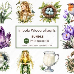 Imbolc Wicca Clipart PNG Bundle, Celtic Pagan Watercolor Illustrations, Wheel of the Year, Witchcraft, Crystals, Goddess, Snowdrop, Candle