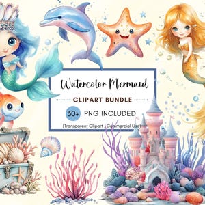 Paquete de 35 imágenes prediseñadas de sirenas caprichosas, lindas imágenes prediseñadas de sirenas, imágenes prediseñadas de animales marinos, cumpleaños de sirenas en acuarela, conjunto de imágenes prediseñadas de animales marinos