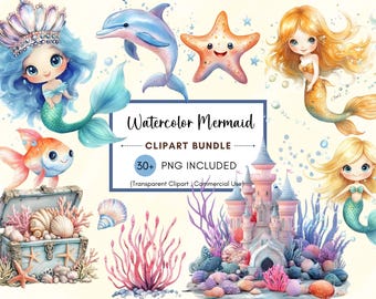 Könnte beinhalten: Aquarell-Clipart-Paket mit Meerjungfrauen, einem Seestern, einem Delfin, einer Schatztruhe, Korallen, einem Schloss und einem Goldfisch. Der Text "Watercolor Mermaid Clipart Bundle 30+ PNG Included (Transparent Clipart) Commercial Use" ist im Bild enthalten.