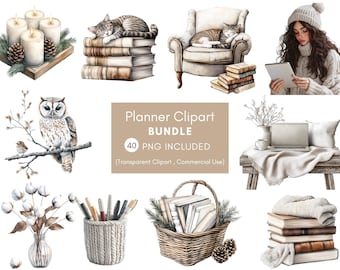 Gemütliches Aquarell Planer Mädchen Clipart Bundle | 40 transparente PNGs mit Büchern, Kerzen, Winterdekor und mehr für Journals