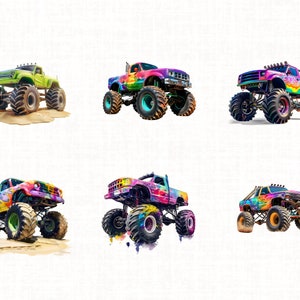 May include: Six monster trucks with colorful paint jobs and large tires. The trucks are all different colors and have different designs.
