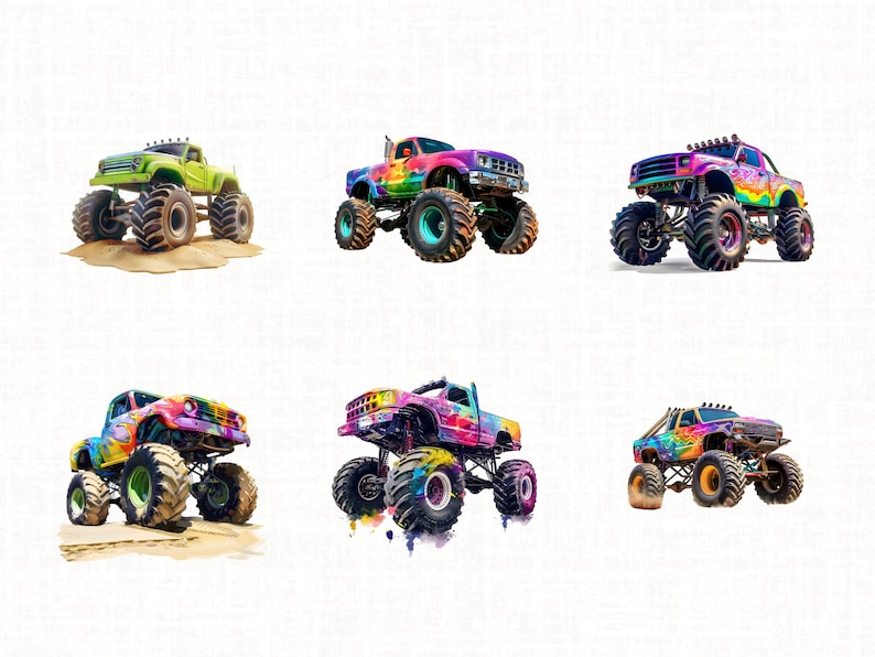 May include: Six monster trucks with colorful paint jobs and large tires. The trucks are all different colors and have different designs.