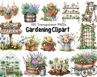 Gardening Clipart Bundle, 100 Watercolor Garden PNGs, Greenhouse Plants Flowers Herbs Vegetables, Home Gardening Tools Clipart