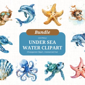 Bundle de cliparts sous la mer, mignons animaux marins PNG, clipart animaux marins de l'océan, étoile de mer, pieuvre, tortue, usage Commercial, 300 DPI