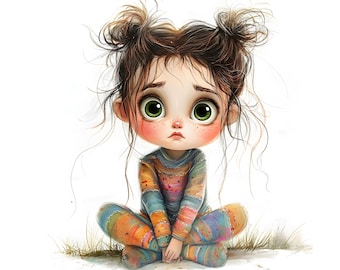 Quirky Girl Clipart, Cute Whimsical Girl, Printable Watercolor Clipart, 300 DPI JPGs, High-Quality JPGs, Cute Doll, Instant Download