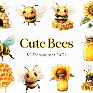 Schattige bijenclipartbundel, 32 honingbij-png's met transparante achtergrond, aquarelbij, bijenkorf, illustratie zonnebloemhoningpot