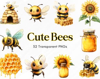 Zestaw uroczych pszczół Clipart, 32 pszczoły miodne PNG z przezroczystym tłem, pszczoła akwarelowa, ul, ilustracja słoika miodu słonecznikowego