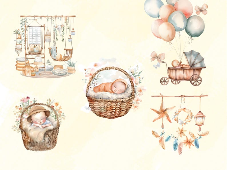 Boho Baby Shower Clipart Bundle, Watercolor Clipart, Nursery Decor PNG ...