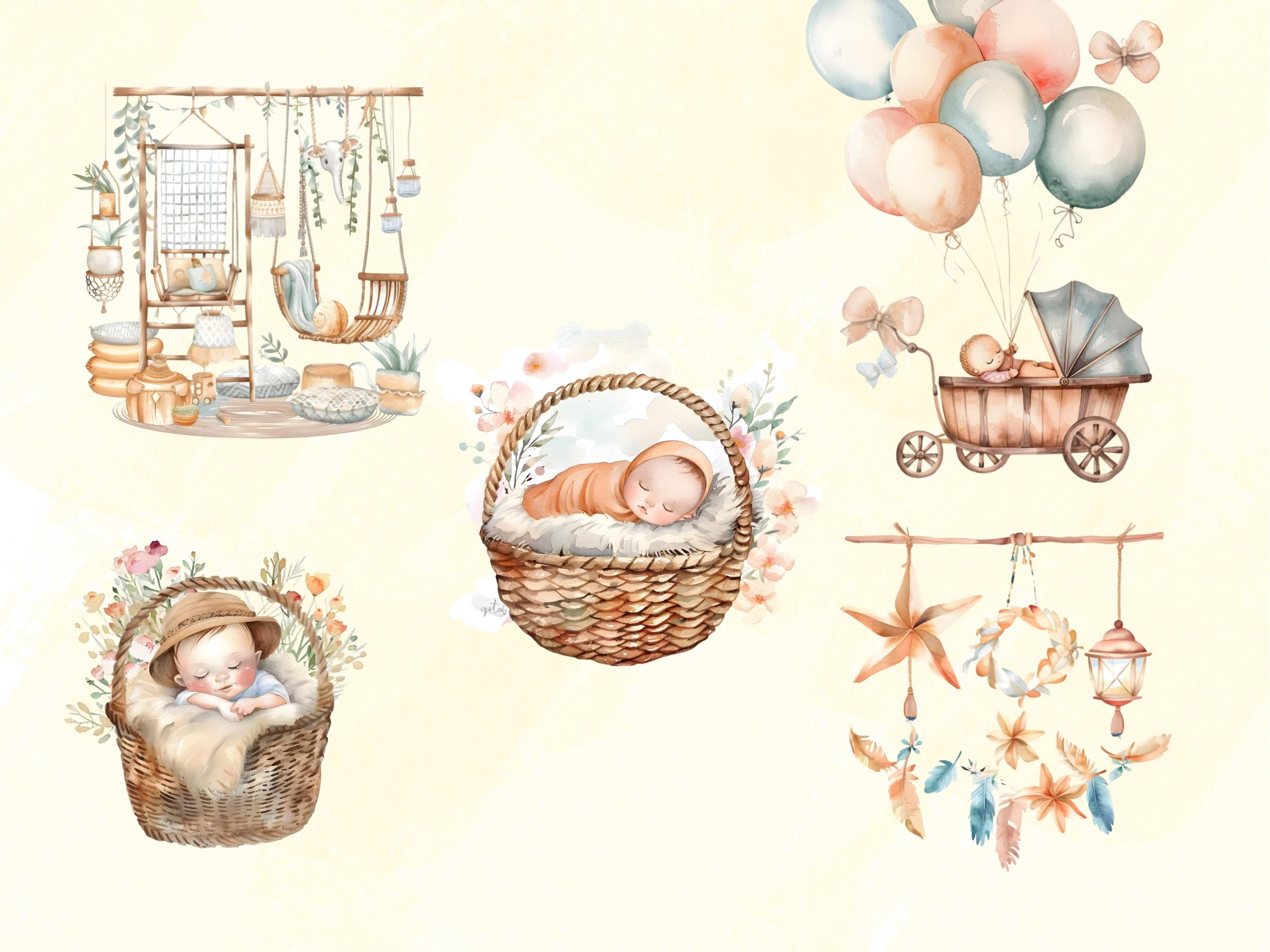 Boho Baby Shower Clipart Bundle, Watercolor Clipart, Nursery Decor PNG ...
