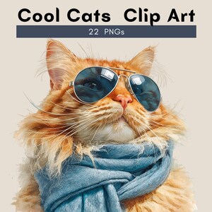 Könnte beinhalten: Digitale Illustration einer rot getigerten Katze mit Pilotenbrille und blauem Schal. Der Text "Cool Cats Clip Art" steht oben, darunter "22 PNGs". Die Katze hat einen entspannten Gesichtsausdruck.
