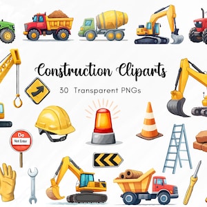 Può includere: Illustrazione ad acquerello di attrezzature e strumenti edili. Include un trattore verde, un autocarro con cassone ribaltabile rosso, una betoniera, un escavatore e altro. Il testo recita "Construction Cliparts" e "30 PNG trasparenti."