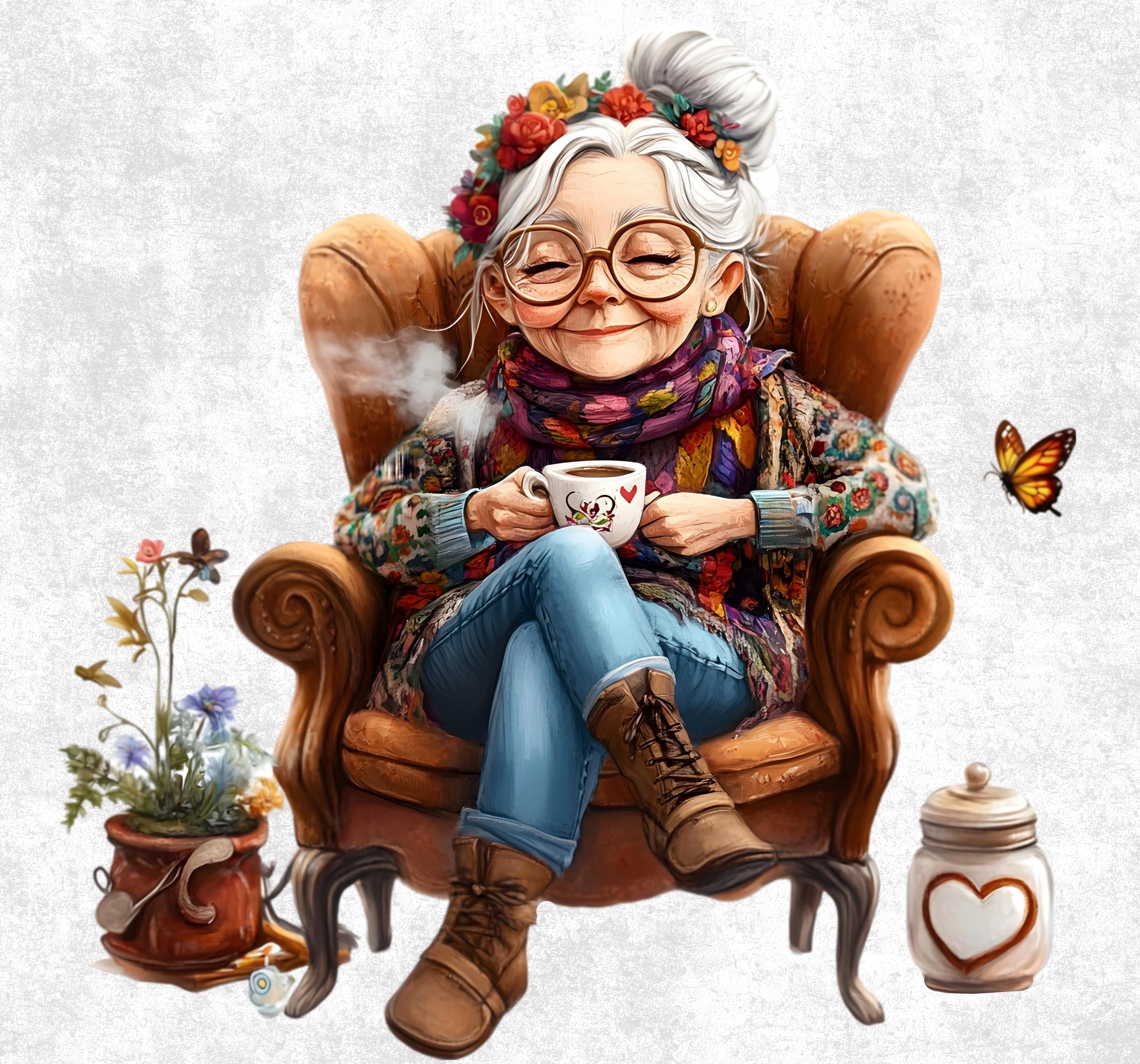 16 Senior Lady Drinking Coffee Clipart - Cozy Grandma PNG Bundle ...