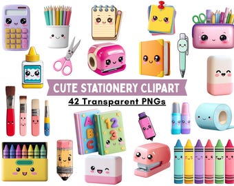 Kawaii School Supplies Clipart Bundle, Cute Art Tools PNG, Calculator Book Pencil Case Clipart, Back to School Graphics, 42 PNG