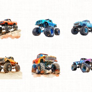 May include: Six monster trucks in various colors, including orange, blue, yellow, and purple, are shown on a white background. The trucks have large tires and are painted with different designs.
