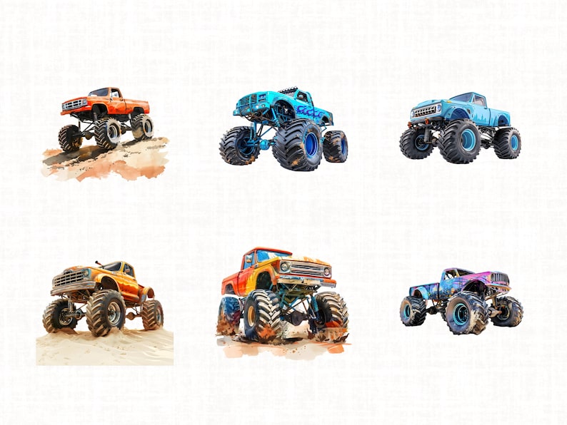 May include: Six monster trucks in various colors, including orange, blue, yellow, and purple, are shown on a white background. The trucks have large tires and are painted with different designs.