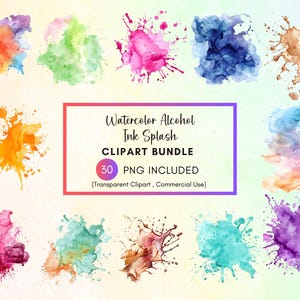 30 Clipart de respingo de cor aquarela PNG, clipart de respingos de tinta, clipart de tinta de álcool, clipart abstrato, uso comercial, download instantâneo