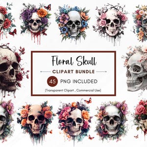Floral Skull PNG Bundle | 45 Watercolor Skull Clipart | High-Resolution Floral Digital Art | Boho Skull Illustration | Floral Skeleton Decor