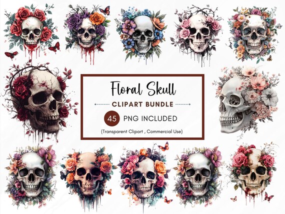 Watercolor Floral Skull Clipart PNG, Gothic Clipart, Fantasy Clip art, Skull PNG Clip Art Bundle, 45 Transparent PNG, 4000x4000px, 300 Dpi