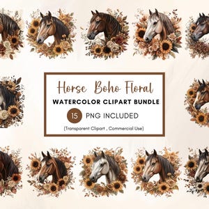 Cavalo Clipart PNG 15 Imagens, Aquarela Boho Cavalo Floral Fundo Transparente PNG Uso Comercial 300 DPI Download Instantâneo
