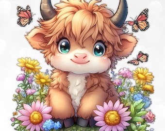 Baby Cow Clipart Bundle PNG | 12 Cute Highland & Dairy Cow Graphics | Farm Animal Sublimation | Kawaii Calf Art for Shirts, Cards Decor