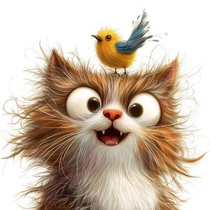 Paquete de imágenes prediseñadas de gatos peculiares en acuarela: 10 adorables gatos de dibujos animados con pájaros, gatito peludo y divertido PNG, descarga digital para sublimación.