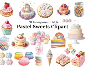 Zestaw clipartów pastelowych słodyczy | Babeczki, ciasta, pączki, makaroniki, lody, naleśniki i słoiki ze słodyczami | 70 przezroczystych obrazów PNG