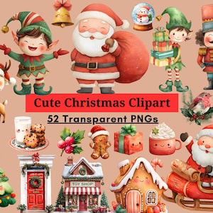 May include: A collection of watercolor Christmas clipart featuring Santa Claus, elves, reindeer, gingerbread men, and other festive elements. Includes a Christmas tree, a toy shop, and a gingerbread house. The text reads "Cute Christmas Clipart" and "52 Transparent PNGs".