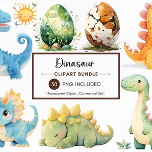 Aquarell Cartoon Dinosaurier Clipart, 30 PNG Baby Dinosaurier Clipart, Dino-Geburtstag-Party-Dekor, süße Dinosaurier, Instant Download