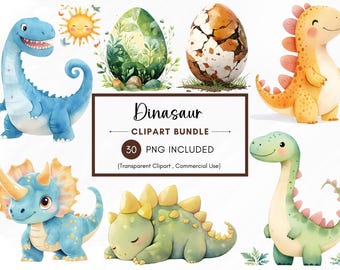 May include: A set of 30 watercolor dinosaur clipart images. The images include a blue dinosaur, a green dinosaur, a yellow dinosaur, a green dinosaur egg, a cracked brown egg, and a sun with a smiling face.