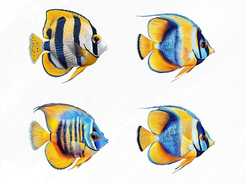 May include: Four colorful fish with yellow, blue, and black stripes. The fish are swimming in a white background.