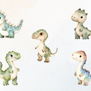 Op de afbeelding: Waterverfillustratie van zes schattige babydinosaurussen in verschillende poses. De dinosaurussen zijn in tinten blauw, groen en bruin, met schattige uitdrukkingen. Perfect voor kinderkamerdecoratie of kunstprojecten voor kinderen.