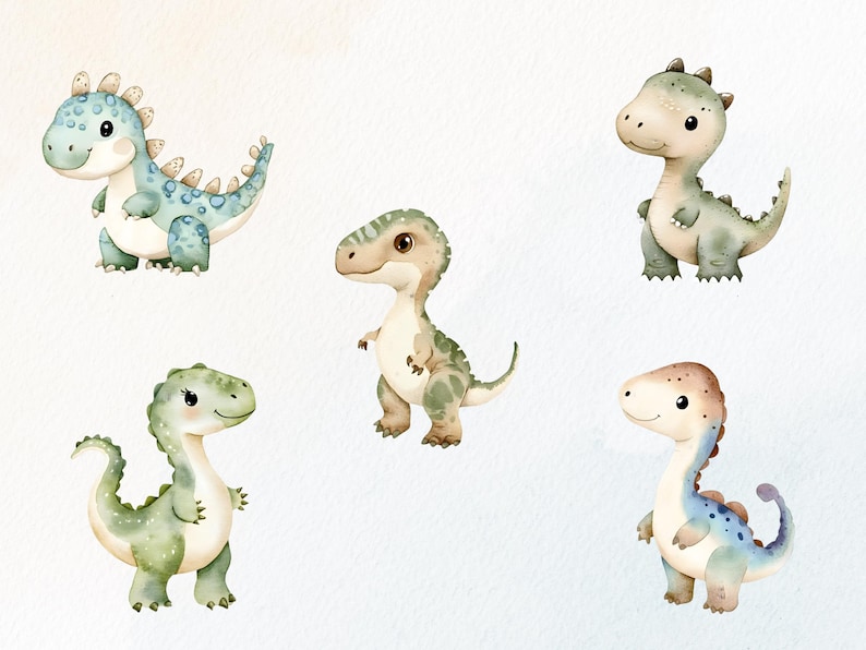 Op de afbeelding: Waterverfillustratie van zes schattige babydinosaurussen in verschillende poses. De dinosaurussen zijn in tinten blauw, groen en bruin, met schattige uitdrukkingen. Perfect voor kinderkamerdecoratie of kunstprojecten voor kinderen.