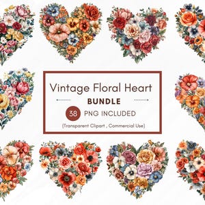 38 Vintage Floral Heart Clipart PNG Bundle, 300 DPI Transparent Watercolor Flower Heart PNGs, Perfect for Scrapbooking, Commercial Use