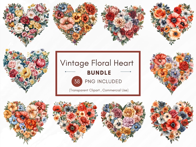 38 Vintage Floral Heart Clipart PNG Bundle, 300 DPI Transparent ...